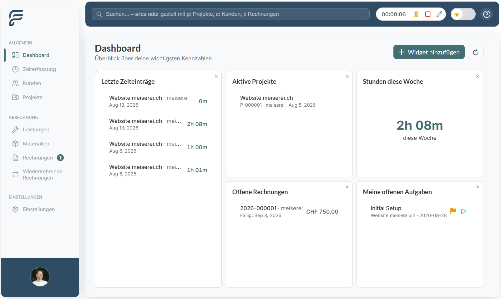 FlowBill Dashboard mit Timer